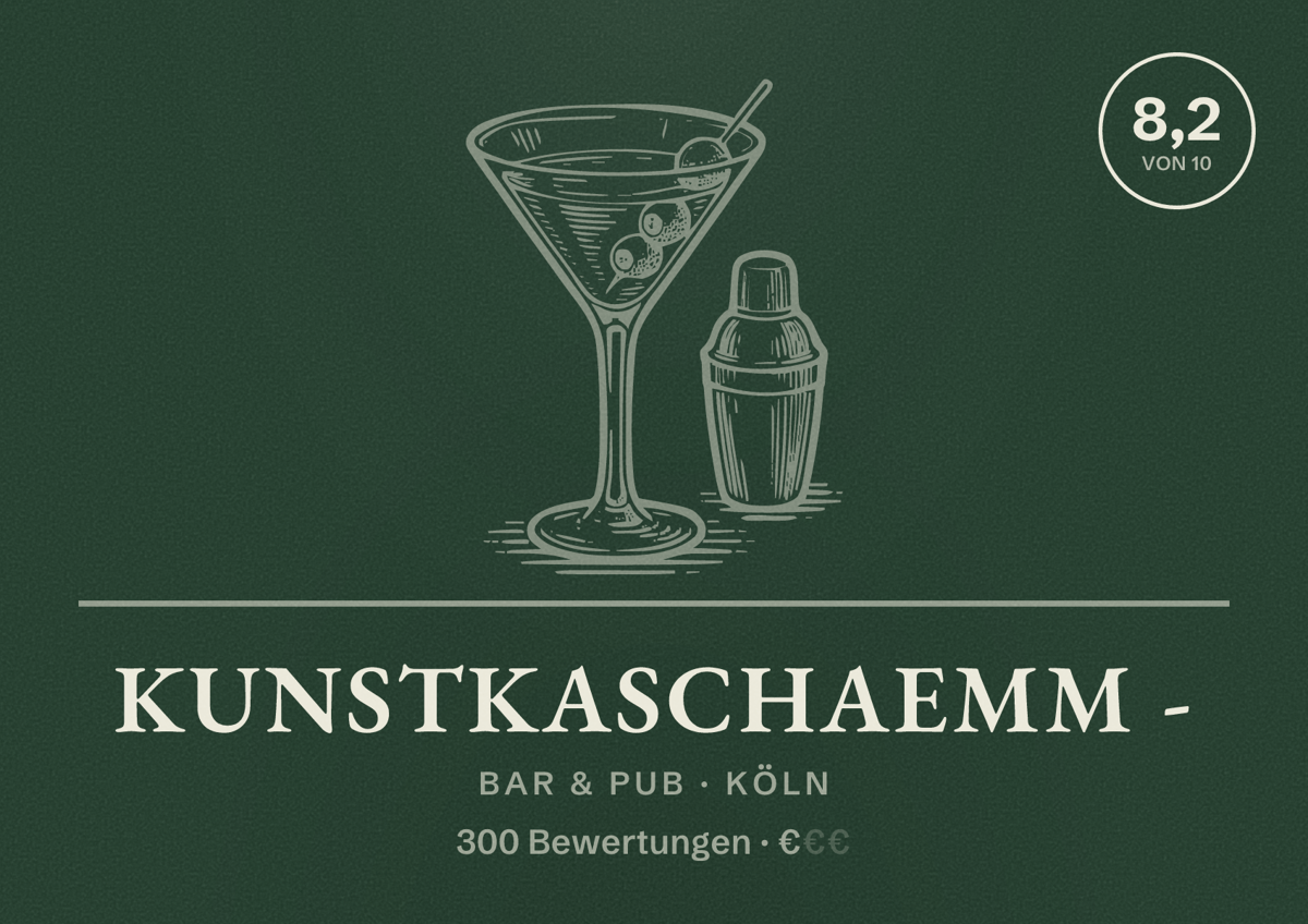Illustriertes Poster von Kunstkaschaemm -, Bar & Pub in Köln: Bewertung 8,2 von 10 aus 300 Bewertungen, Preisniveau €