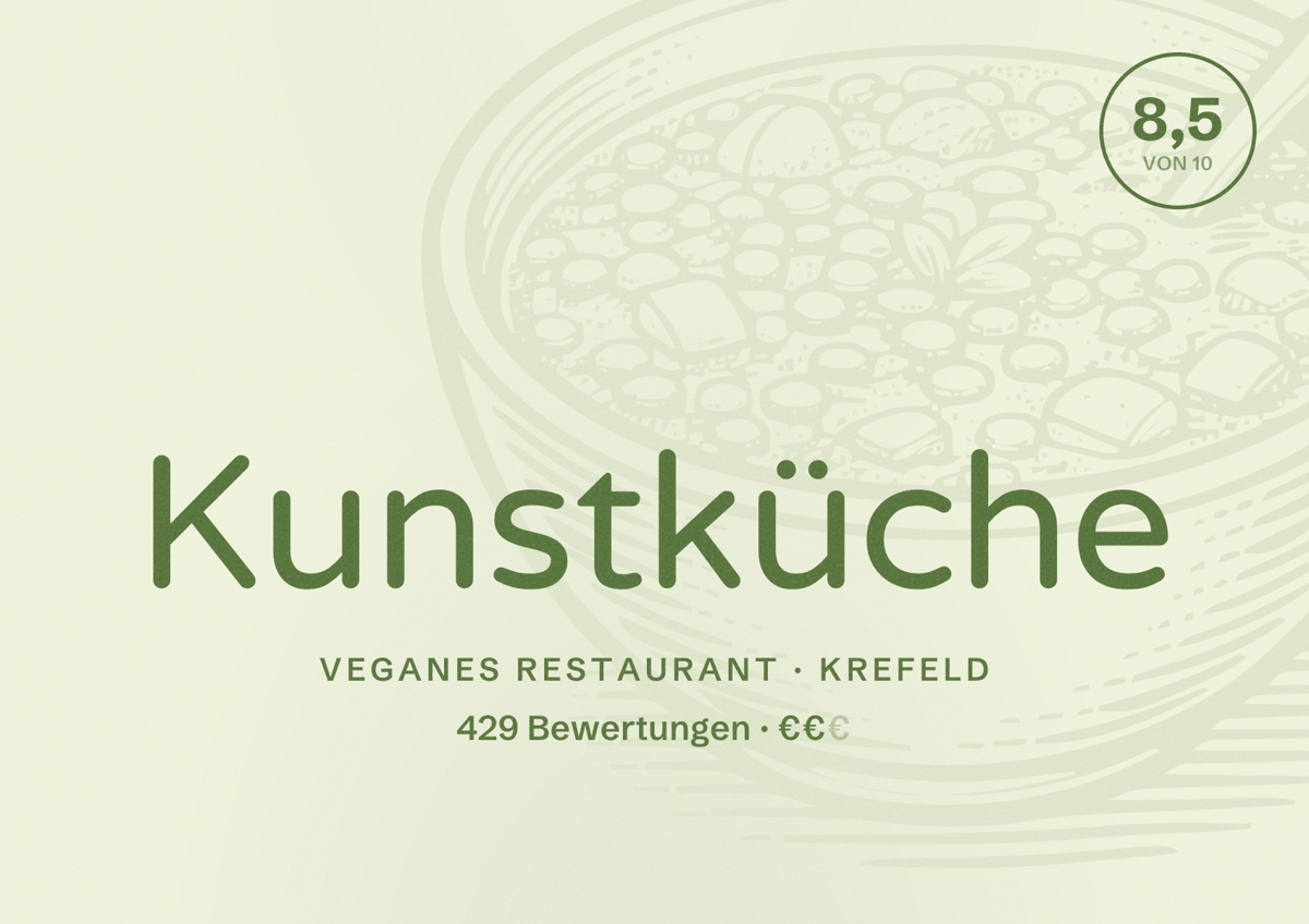 Illustriertes Poster von Kunstküche, Veganes Restaurant in Krefeld: Bewertung 8,5 von 10 aus 429 Bewertungen, Preisniveau €€
