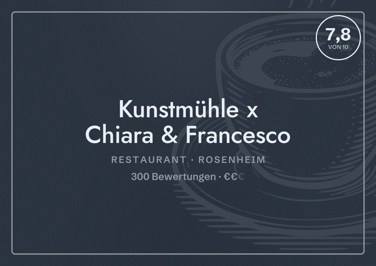 Illustriertes Poster von Kunstmühle x Chiara & Francesco, Restaurant in Rosenheim: Bewertung 7,8 von 10 aus 300 Bewertungen, Preisniveau €€