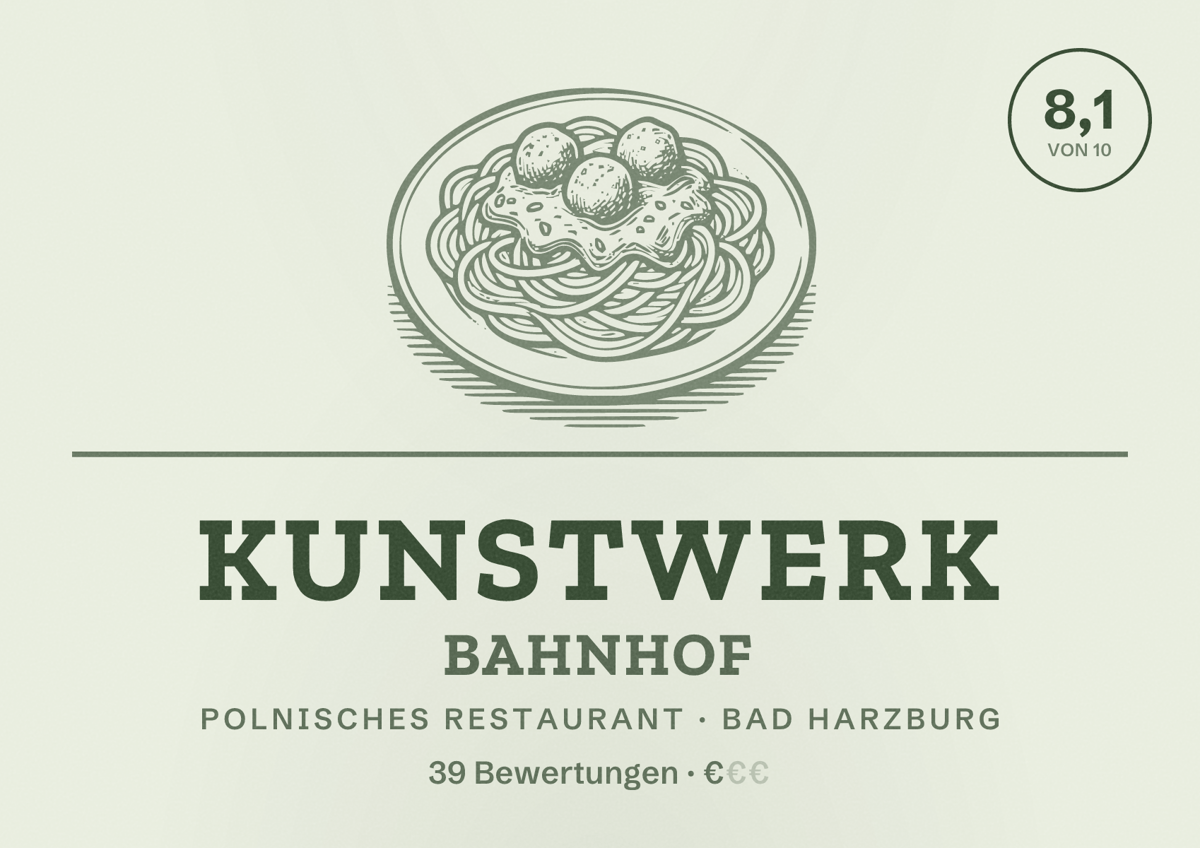 Illustriertes Poster von Kunstwerk Bahnhof, Polnisches Restaurant in Bad Harzburg: Bewertung 8,1 von 10 aus 39 Bewertungen, Preisniveau €
