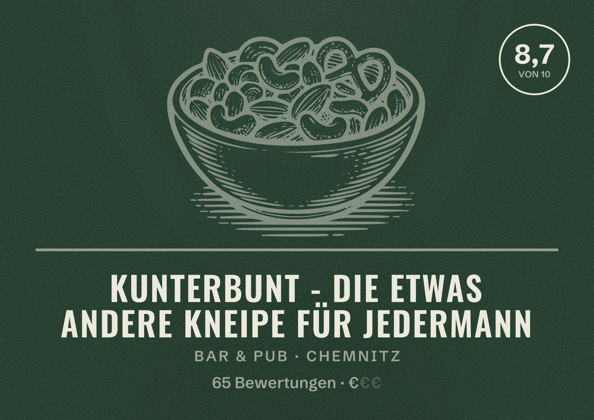 Illustriertes Poster von Kunterbunt - Die etwas andere Kneipe für Jedermann, Bar & Pub in Chemnitz: Bewertung 8,7 von 10 aus 65 Bewertungen, Preisniveau €