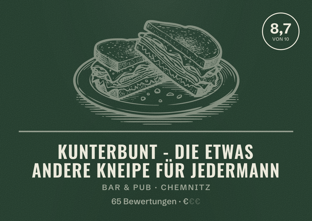 Illustriertes Poster von Kunterbunt - Die etwas andere Kneipe für Jedermann, Bar & Pub in Chemnitz: Bewertung 8,7 von 10 aus 65 Bewertungen, Preisniveau €