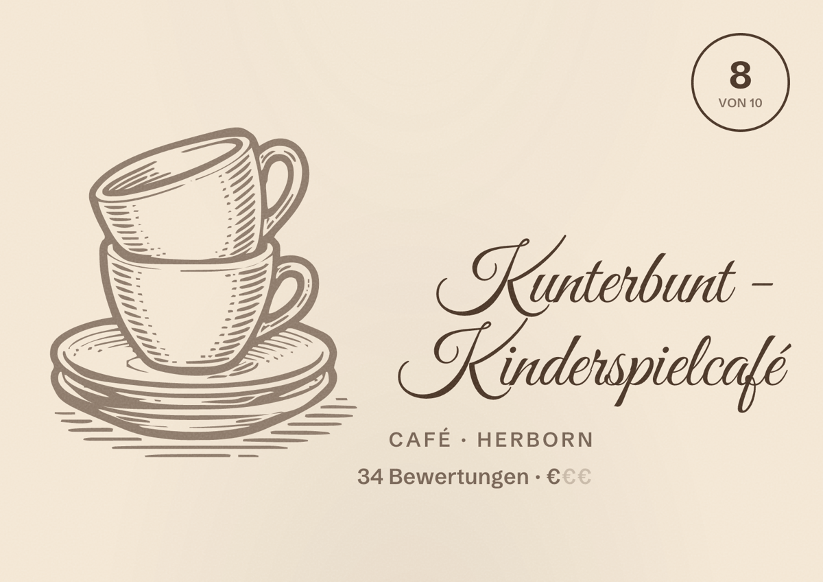 Illustriertes Poster von Kunterbunt - Kinderspielcafé, Café in Herborn: Bewertung 8 von 10 aus 34 Bewertungen, Preisniveau €
