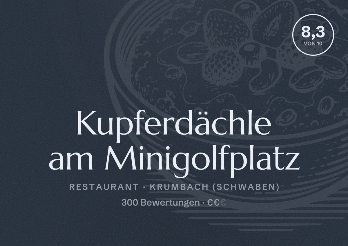 Illustriertes Poster von Kupferdächle am Minigolfplatz, Restaurant in Krumbach (Schwaben): Bewertung 8,3 von 10 aus 300 Bewertungen, Preisniveau €€