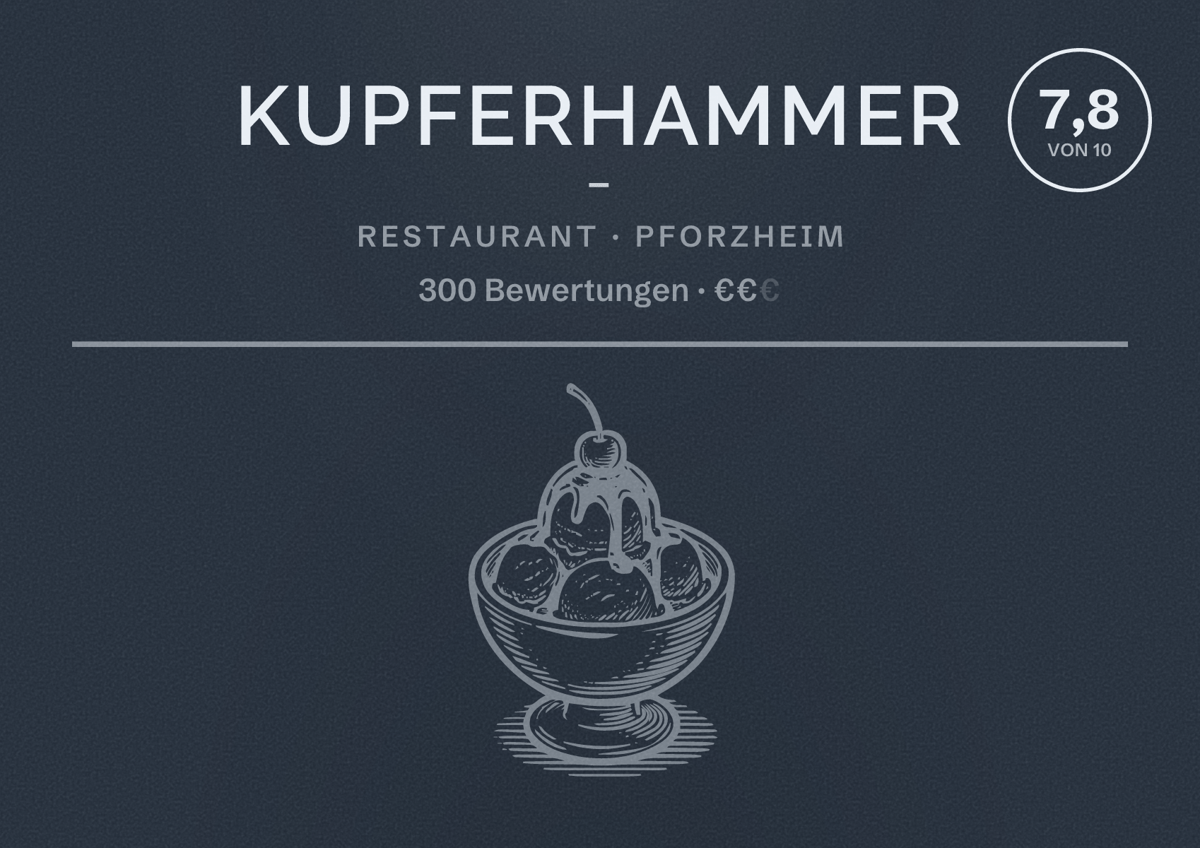 Illustriertes Poster von Kupferhammer –, Restaurant in Pforzheim: Bewertung 7,8 von 10 aus 300 Bewertungen, Preisniveau €€
