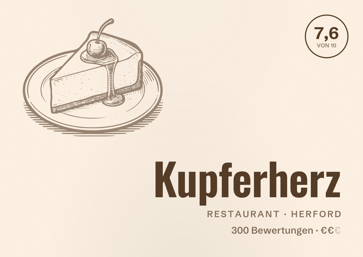 Illustriertes Poster von Kupferherz, Restaurant in Herford: Bewertung 7,6 von 10 aus 300 Bewertungen, Preisniveau €€