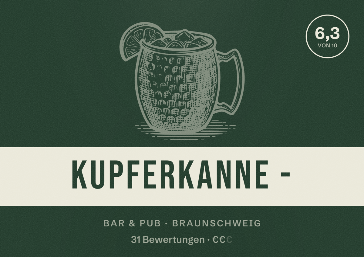 Illustriertes Poster von Kupferkanne -, Bar & Pub in Braunschweig: Bewertung 6,3 von 10 aus 31 Bewertungen, Preisniveau €€