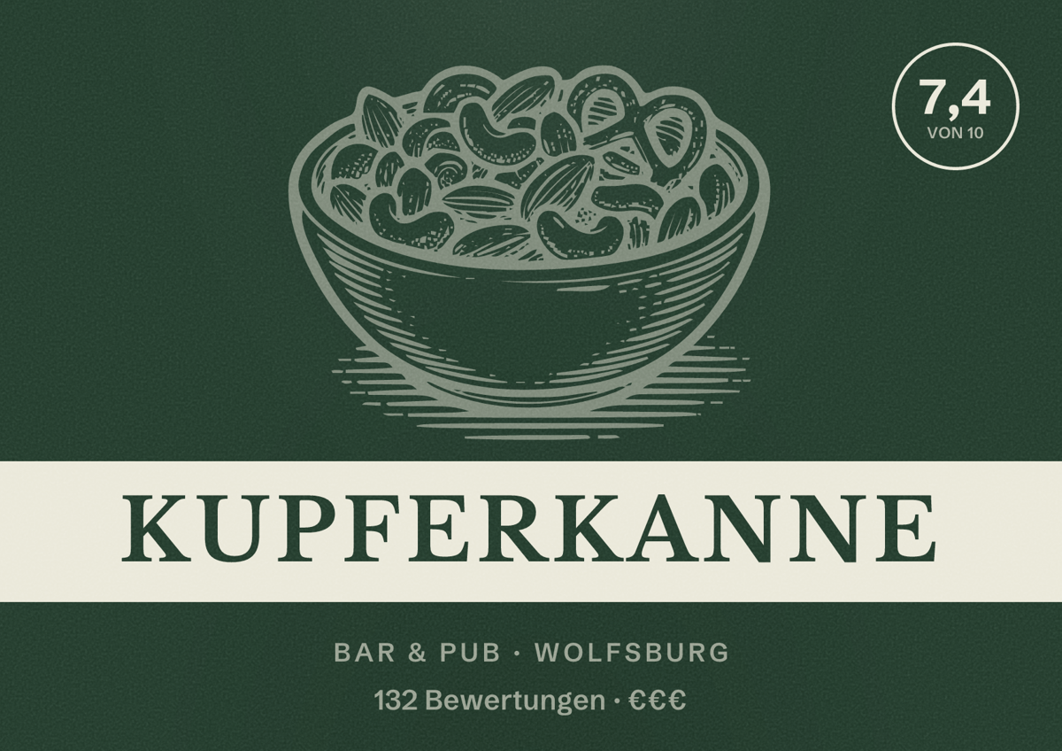 Illustriertes Poster von Kupferkanne, Bar & Pub in Wolfsburg: Bewertung 7,4 von 10 aus 132 Bewertungen, Preisniveau €€€