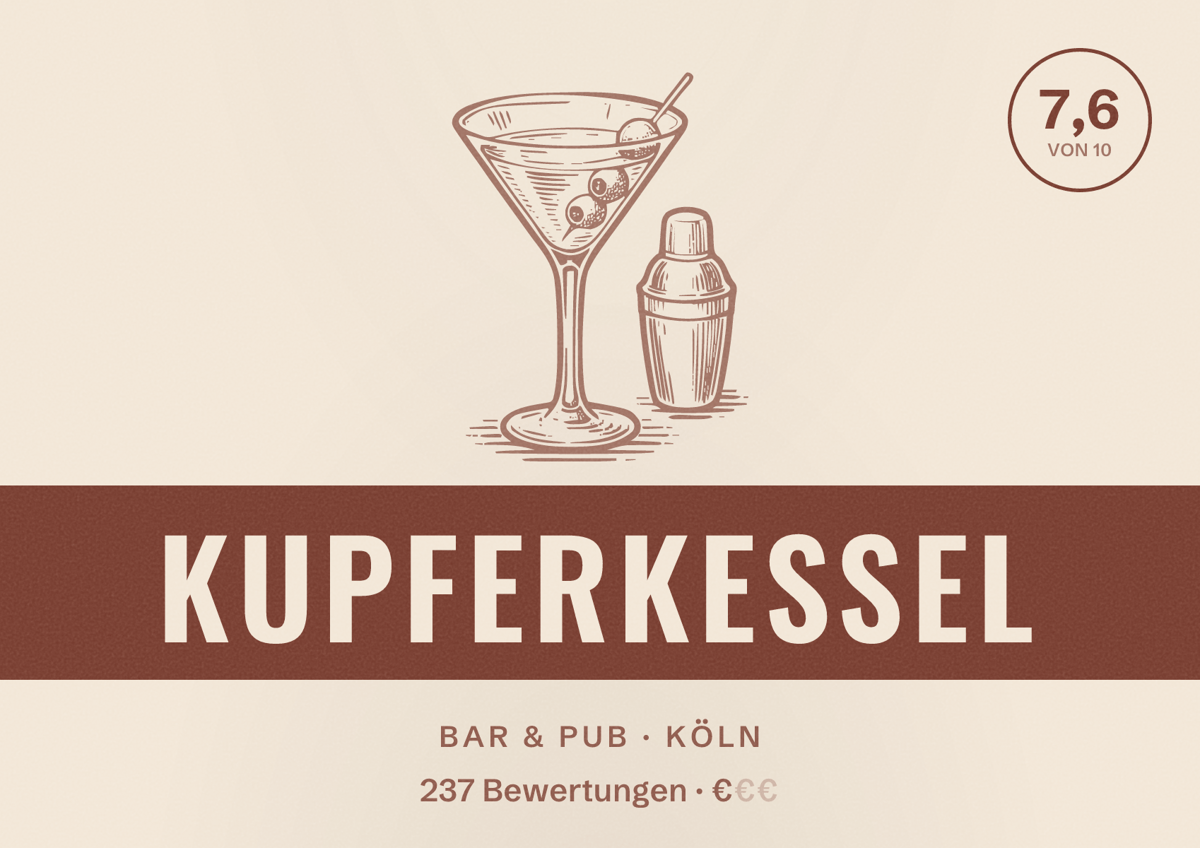 Illustriertes Poster von Kupferkessel, Bar & Pub in Köln: Bewertung 7,6 von 10 aus 237 Bewertungen, Preisniveau €