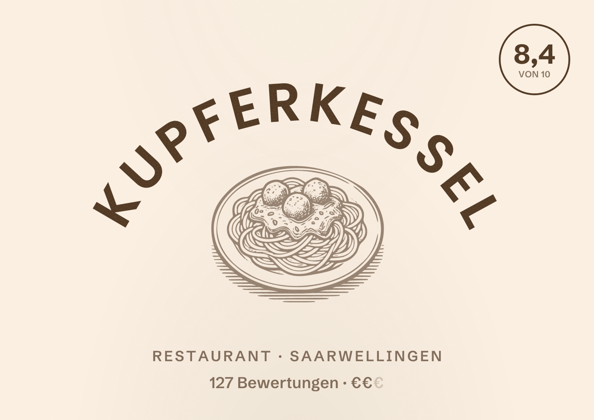 Illustriertes Poster von Kupferkessel, Restaurant in Saarwellingen: Bewertung 8,4 von 10 aus 127 Bewertungen, Preisniveau €€