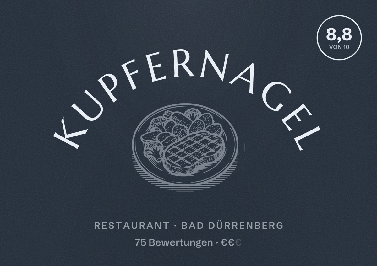 Illustriertes Poster von Kupfernagel, Restaurant in Bad Dürrenberg: Bewertung 8,8 von 10 aus 75 Bewertungen, Preisniveau €€