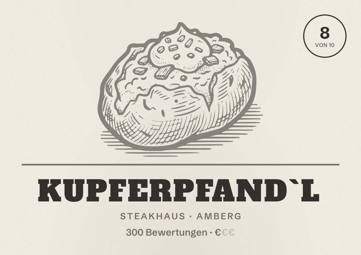 Illustriertes Poster von Kupferpfand`l, Steakhaus in Amberg: Bewertung 8 von 10 aus 300 Bewertungen, Preisniveau €