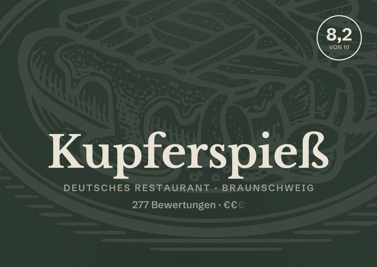 Illustriertes Poster von Kupferspieß, Deutsches Restaurant in Braunschweig: Bewertung 8,2 von 10 aus 277 Bewertungen, Preisniveau €€