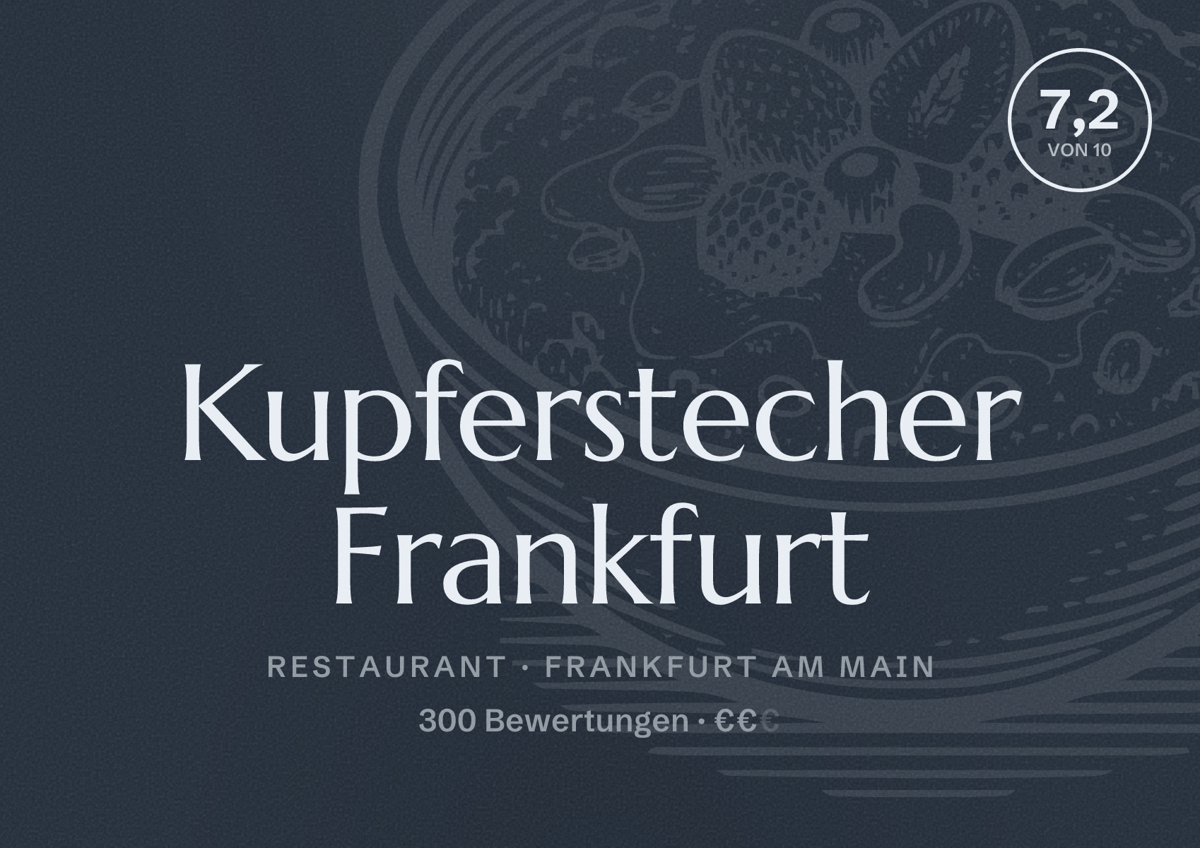 Illustriertes Poster von Kupferstecher Frankfurt, Restaurant in Frankfurt am Main: Bewertung 7,2 von 10 aus 300 Bewertungen, Preisniveau €€