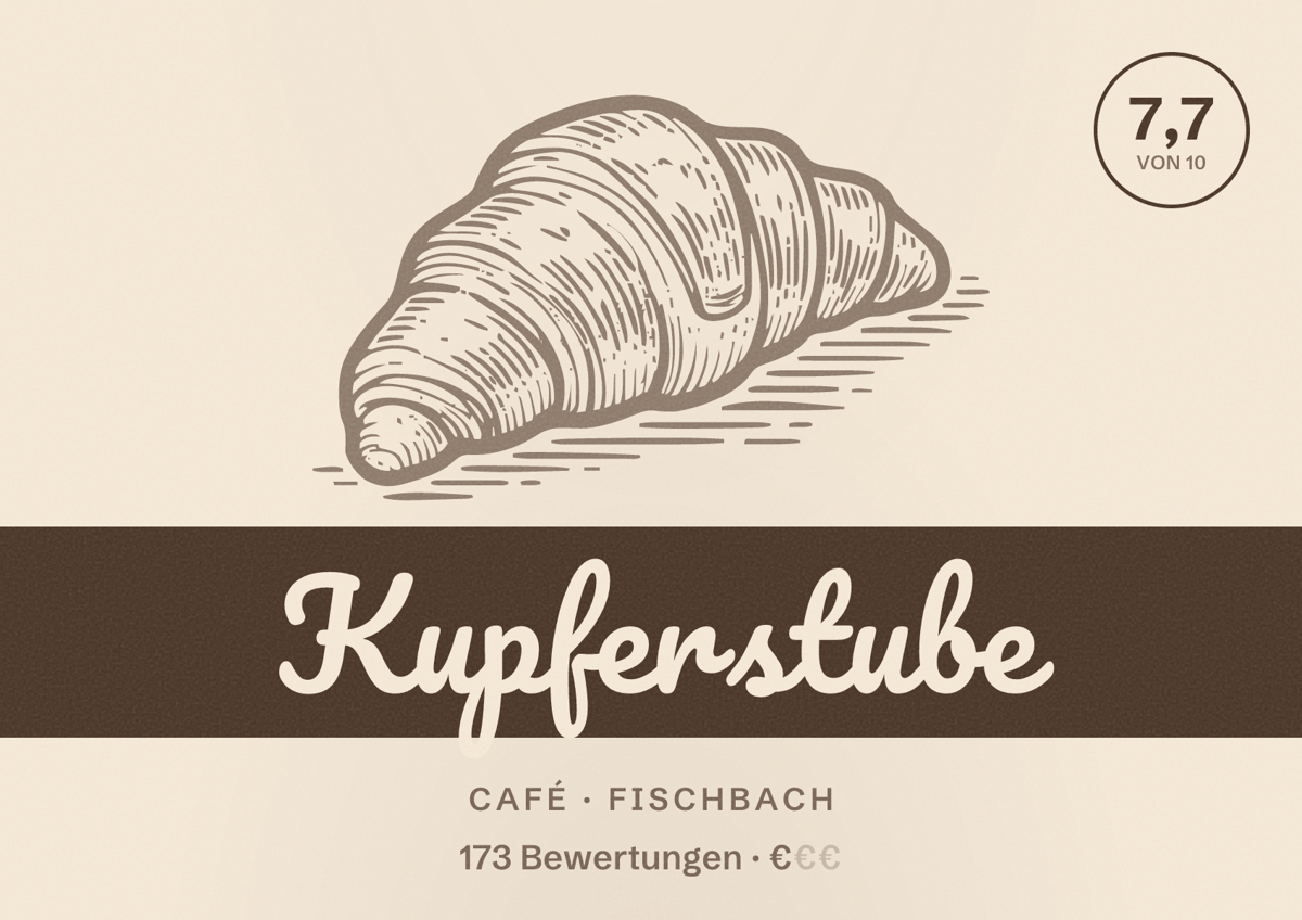 Illustriertes Poster von Kupferstube, Café in Fischbach: Bewertung 7,7 von 10 aus 173 Bewertungen, Preisniveau €