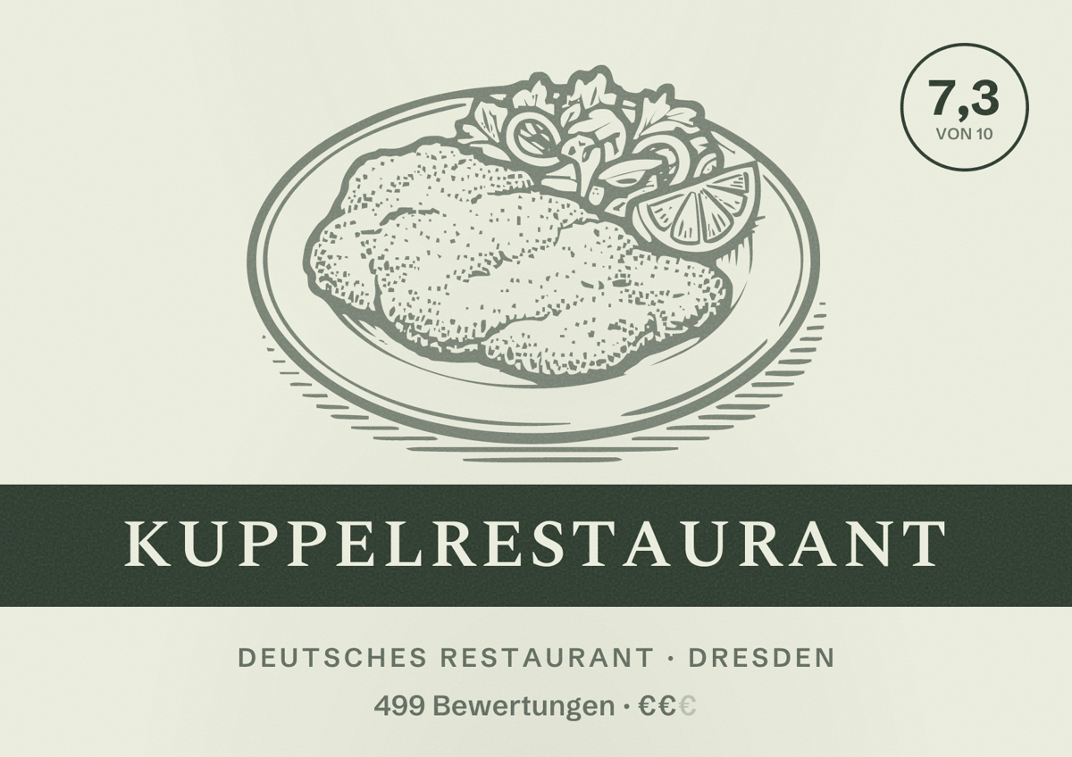 Illustriertes Poster von Kuppelrestaurant, Deutsches Restaurant in Dresden: Bewertung 7,3 von 10 aus 499 Bewertungen, Preisniveau €€