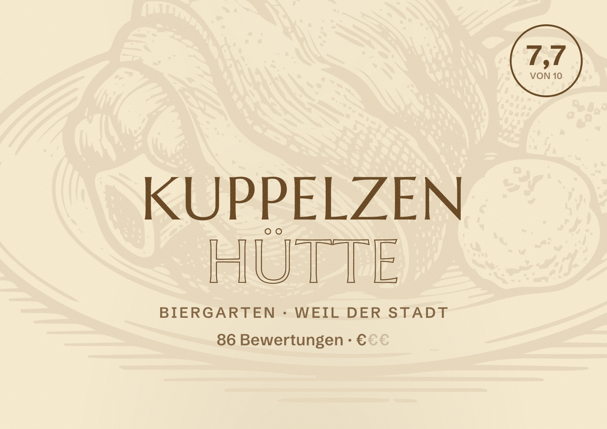 Illustriertes Poster von Kuppelzen Hütte, Biergarten in Weil der Stadt: Bewertung 7,7 von 10 aus 86 Bewertungen, Preisniveau €