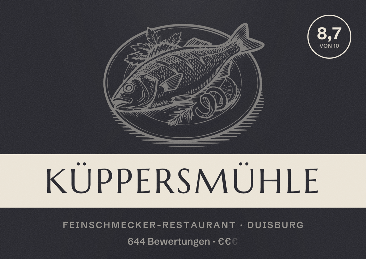 Illustriertes Poster von Küppersmühle, Feinschmecker-Restaurant in Duisburg: Bewertung 8,7 von 10 aus 644 Bewertungen, Preisniveau €€