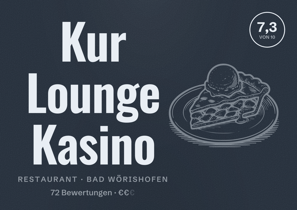 Illustriertes Poster von Kur Lounge Kasino, Restaurant in Bad Wörishofen: Bewertung 7,3 von 10 aus 72 Bewertungen, Preisniveau €€