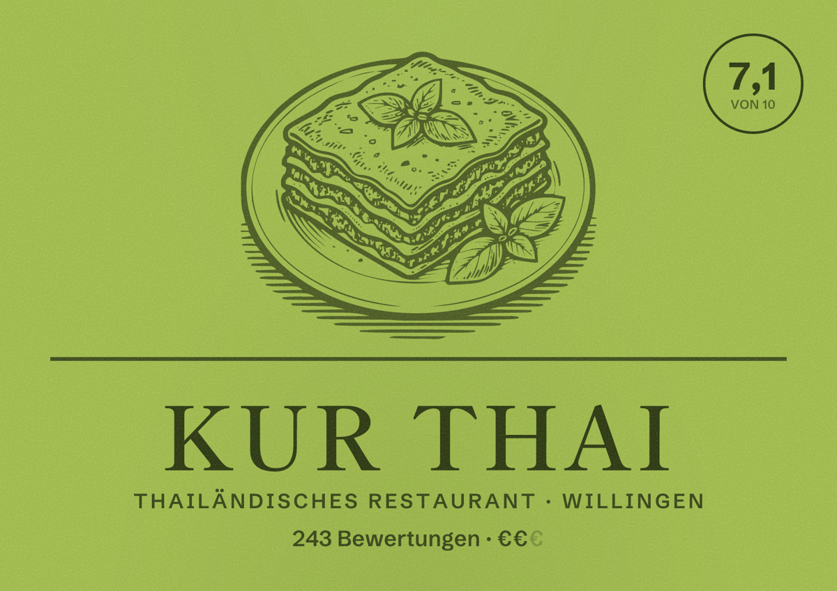 Illustriertes Poster von Kur Thai, Thailändisches Restaurant in Willingen: Bewertung 7,1 von 10 aus 243 Bewertungen, Preisniveau €€