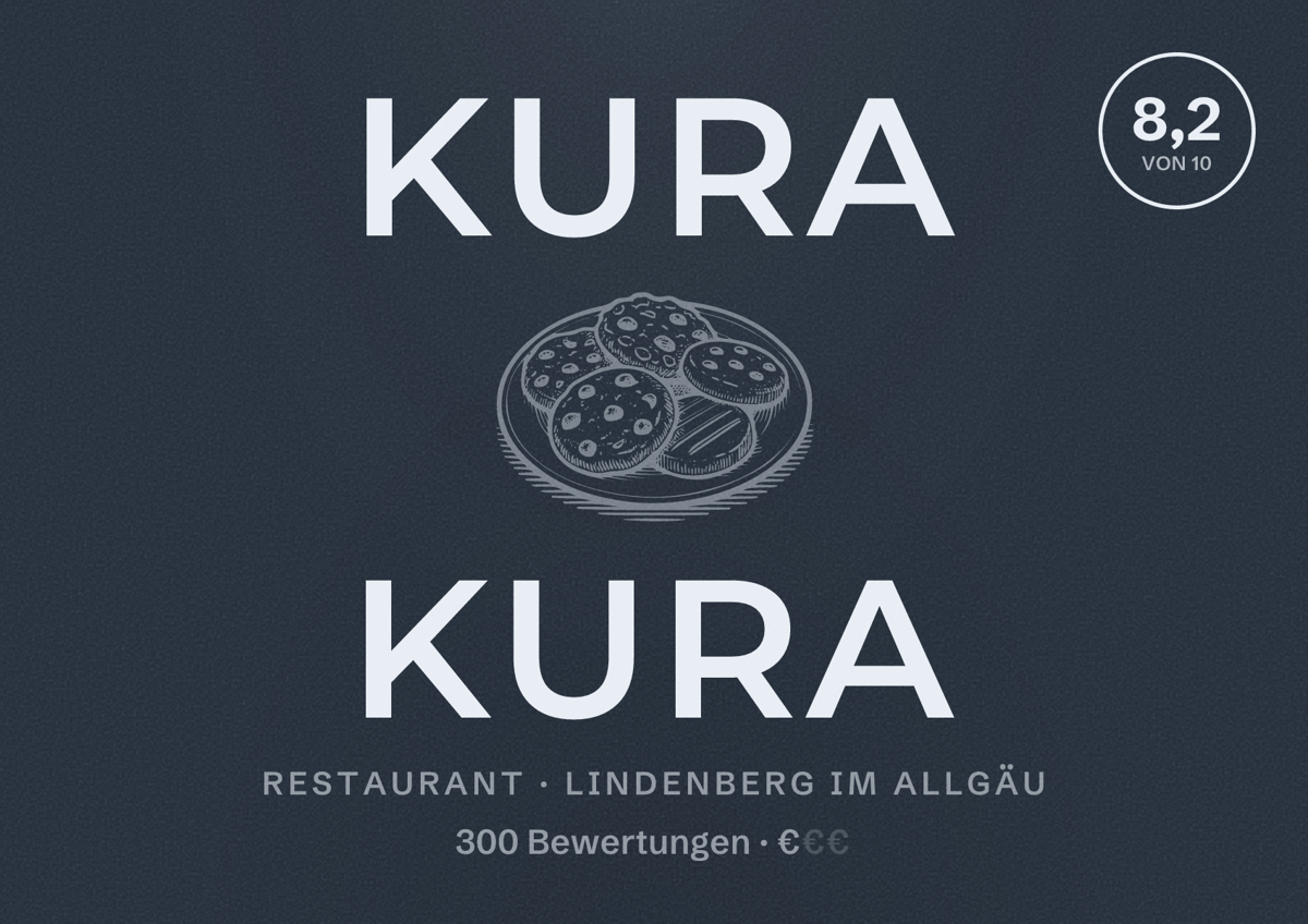 Illustriertes Poster von KURA KURA, Restaurant in Lindenberg im Allgäu: Bewertung 8,2 von 10 aus 300 Bewertungen, Preisniveau €