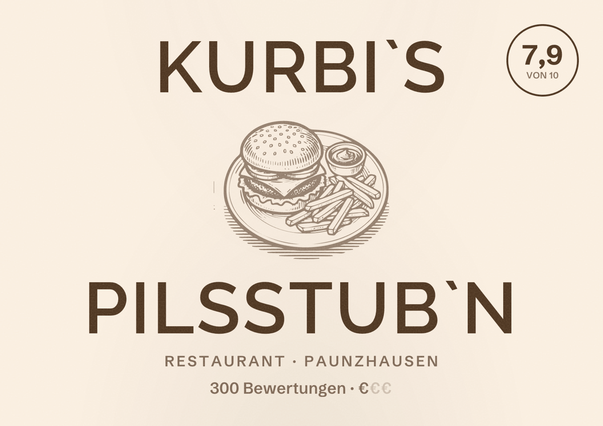 Illustriertes Poster von Kurbi`s Pilsstub`n, Restaurant in Paunzhausen: Bewertung 7,9 von 10 aus 300 Bewertungen, Preisniveau €