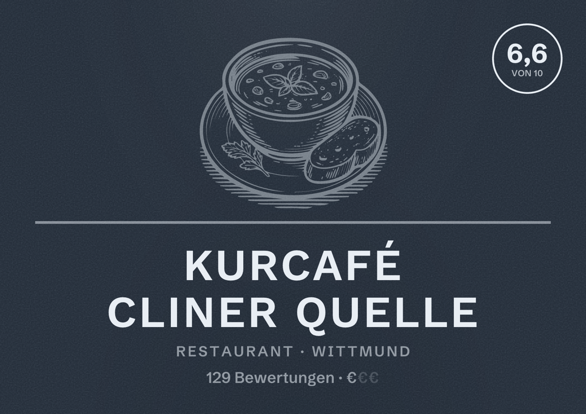 Illustriertes Poster von Kurcafé Cliner Quelle, Restaurant in Wittmund: Bewertung 6,6 von 10 aus 129 Bewertungen, Preisniveau €