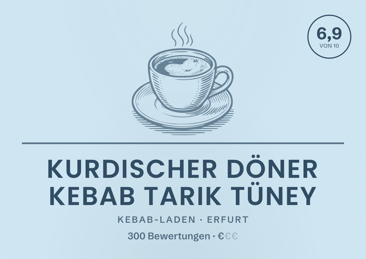 Illustriertes Poster von Kurdischer Döner Kebab Tarik Tüney, Kebab-Laden in Erfurt: Bewertung 6,9 von 10 aus 300 Bewertungen, Preisniveau €