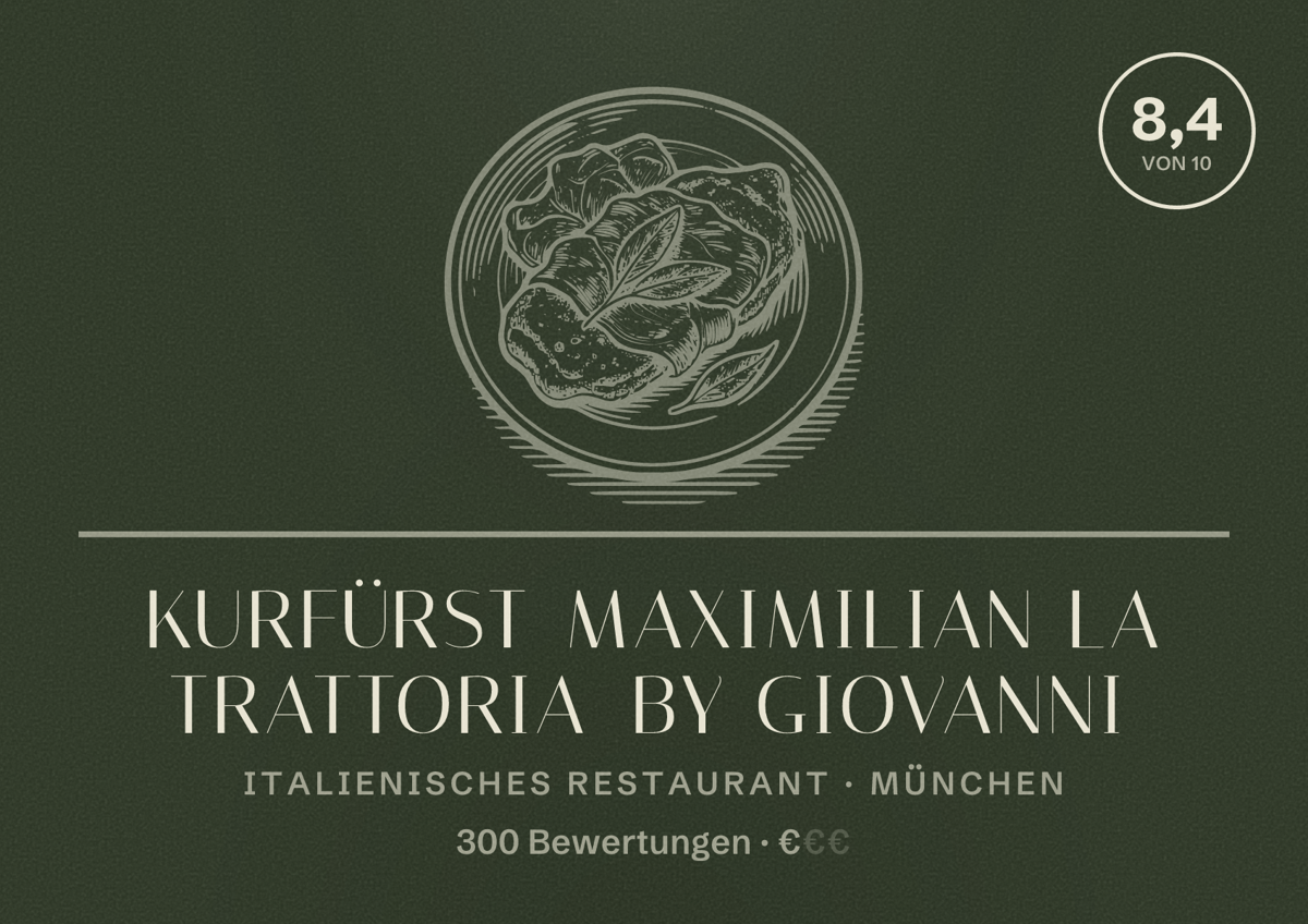 Illustriertes Poster von Kurfürst Maximilian La Trattoria by Giovanni, Italienisches Restaurant in München: Bewertung 8,4 von 10 aus 300 Bewertungen, Preisniveau €