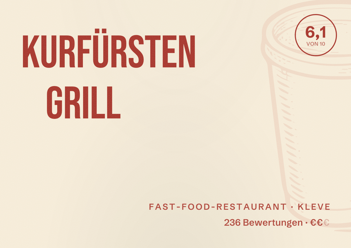 Illustriertes Poster von Kurfürsten Grill, Fast-Food-Restaurant in Kleve: Bewertung 6,1 von 10 aus 236 Bewertungen, Preisniveau €€