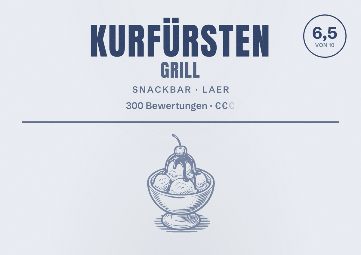 Illustriertes Poster von Kurfürsten Grill, Snackbar in Laer: Bewertung 6,5 von 10 aus 300 Bewertungen, Preisniveau €€