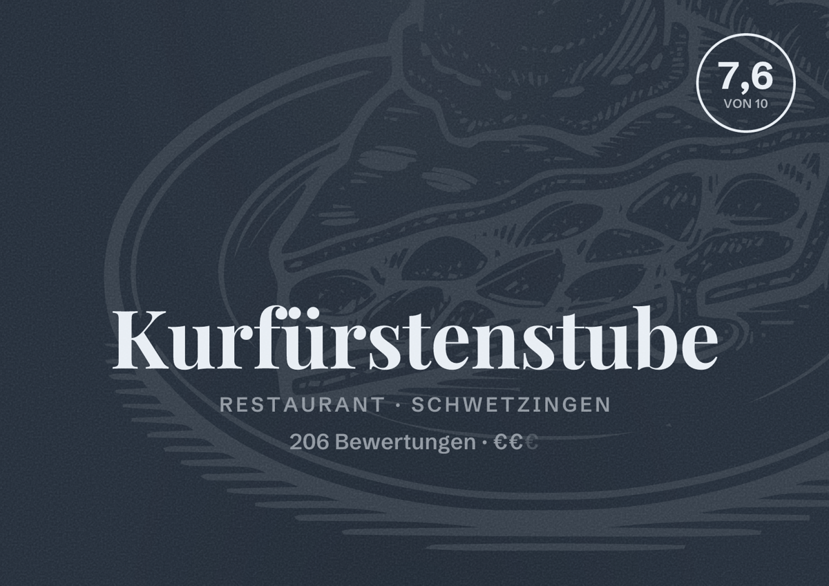 Illustriertes Poster von Kurfürstenstube, Restaurant in Schwetzingen: Bewertung 7,6 von 10 aus 206 Bewertungen, Preisniveau €€