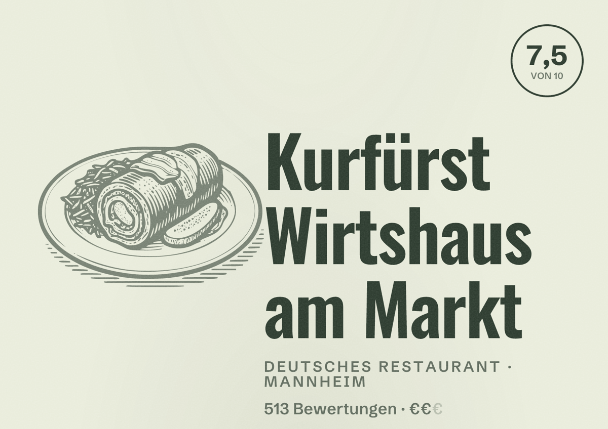 Illustriertes Poster von Kurfürst Wirtshaus am Markt, Deutsches Restaurant in Mannheim: Bewertung 7,5 von 10 aus 513 Bewertungen, Preisniveau €€