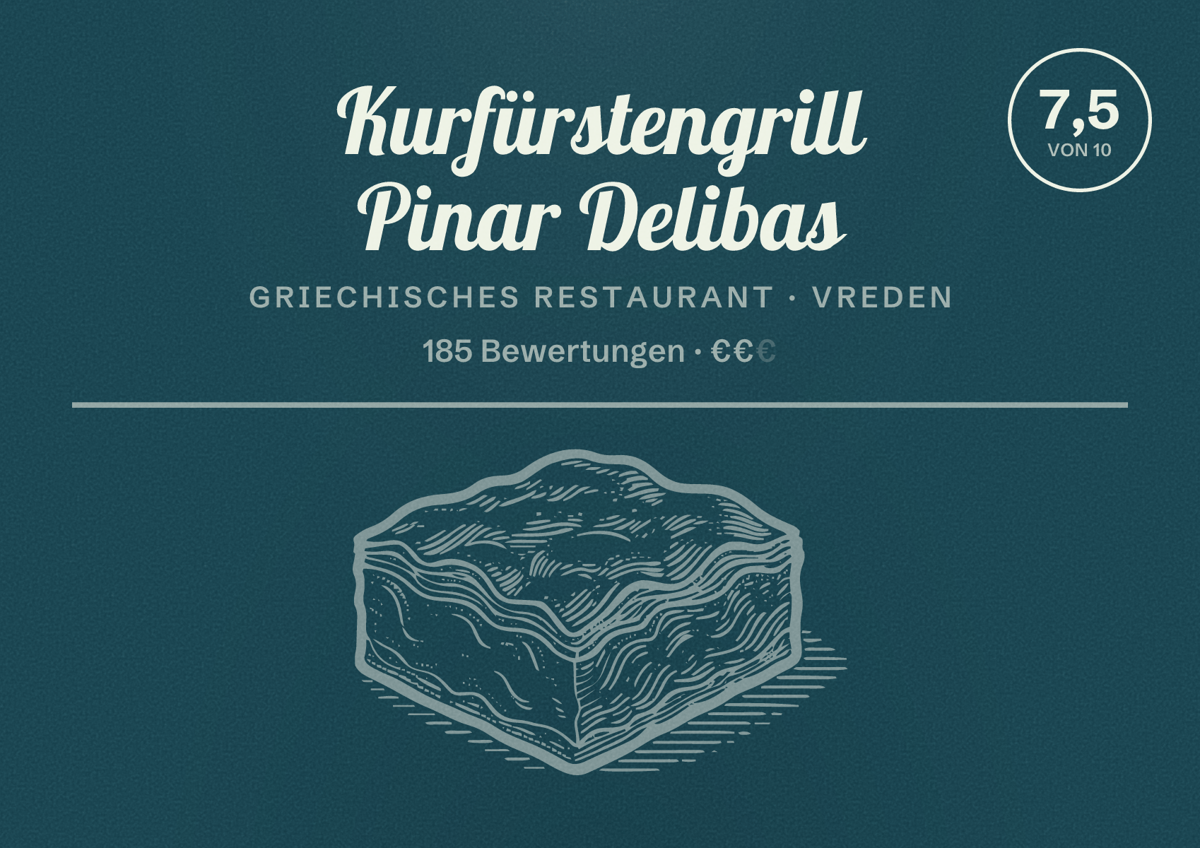 Illustriertes Poster von Kurfürstengrill Pinar Delibas, Griechisches Restaurant in Vreden: Bewertung 7,5 von 10 aus 185 Bewertungen, Preisniveau €€