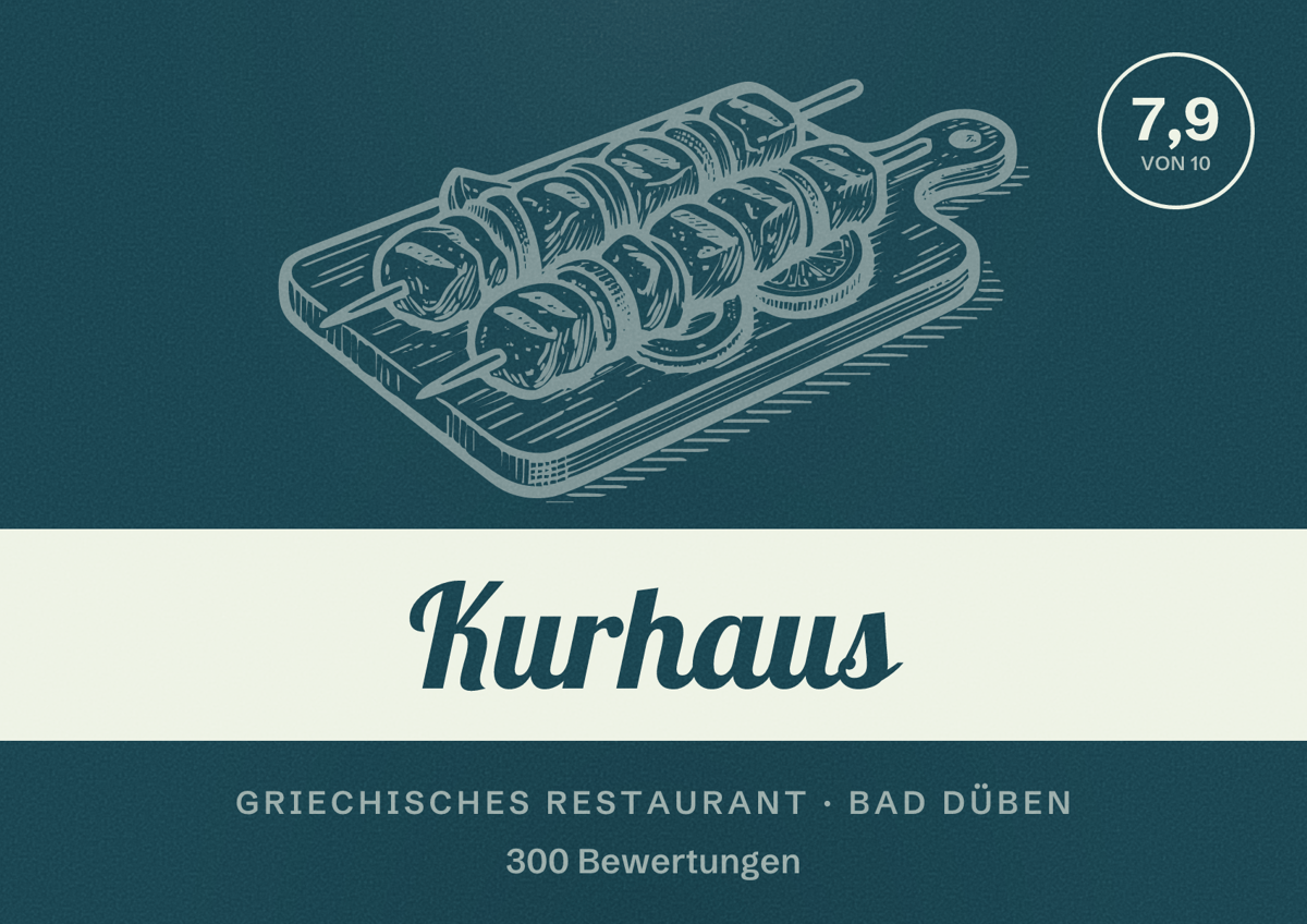 Illustriertes Poster von Kurhaus, Griechisches Restaurant in Bad Düben: Bewertung 7,9 von 10 aus 300 Bewertungen
