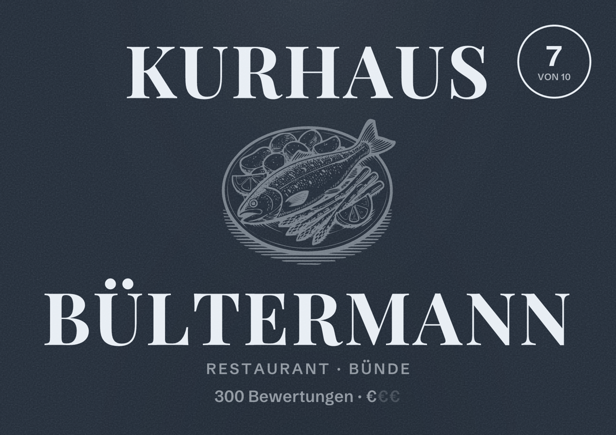Illustriertes Poster von Kurhaus Bültermann, Restaurant in Bünde: Bewertung 7 von 10 aus 300 Bewertungen, Preisniveau €