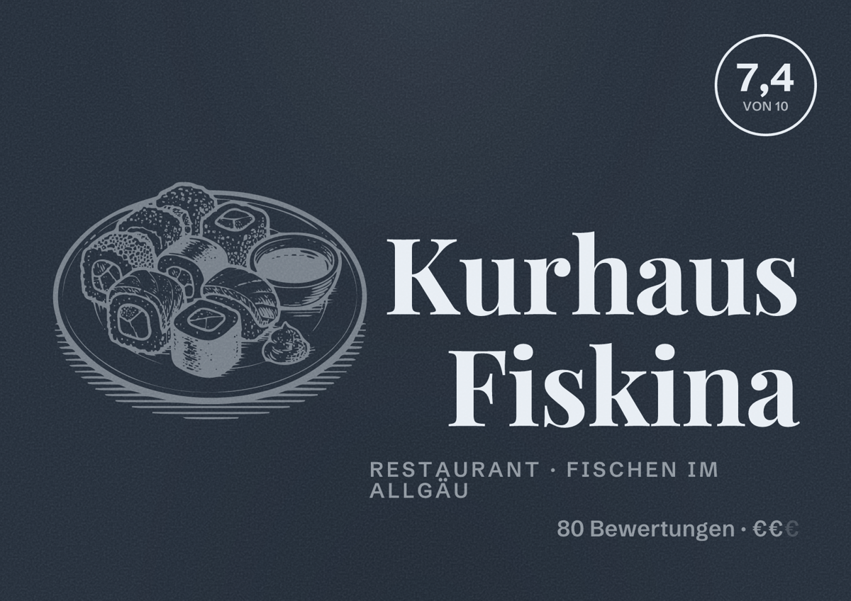 Illustriertes Poster von Kurhaus Fiskina, Restaurant in Fischen im Allgäu: Bewertung 7,4 von 10 aus 80 Bewertungen, Preisniveau €€