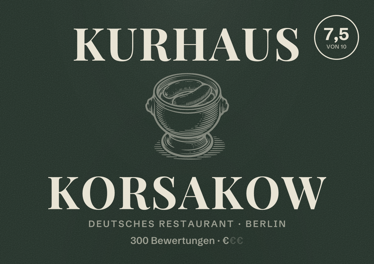 Illustriertes Poster von Kurhaus Korsakow, Deutsches Restaurant in Berlin: Bewertung 7,5 von 10 aus 300 Bewertungen, Preisniveau €