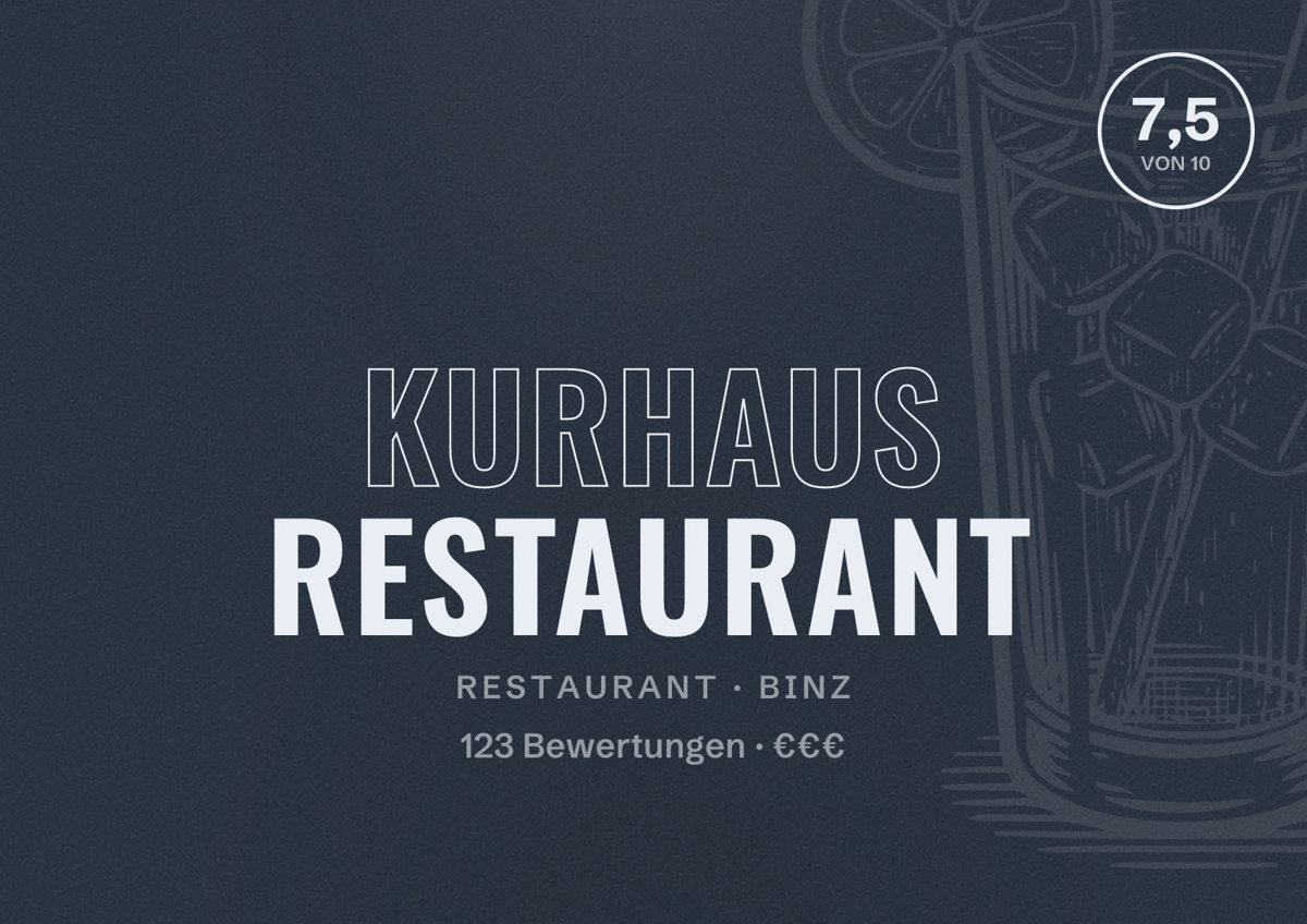Illustriertes Poster von Kurhaus Restaurant, Restaurant in Binz: Bewertung 7,5 von 10 aus 123 Bewertungen, Preisniveau €€€
