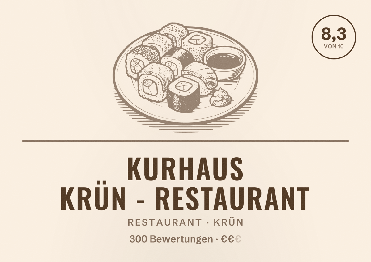 Illustriertes Poster von Kurhaus Krün - Restaurant, Restaurant in Krün: Bewertung 8,3 von 10 aus 300 Bewertungen, Preisniveau €€