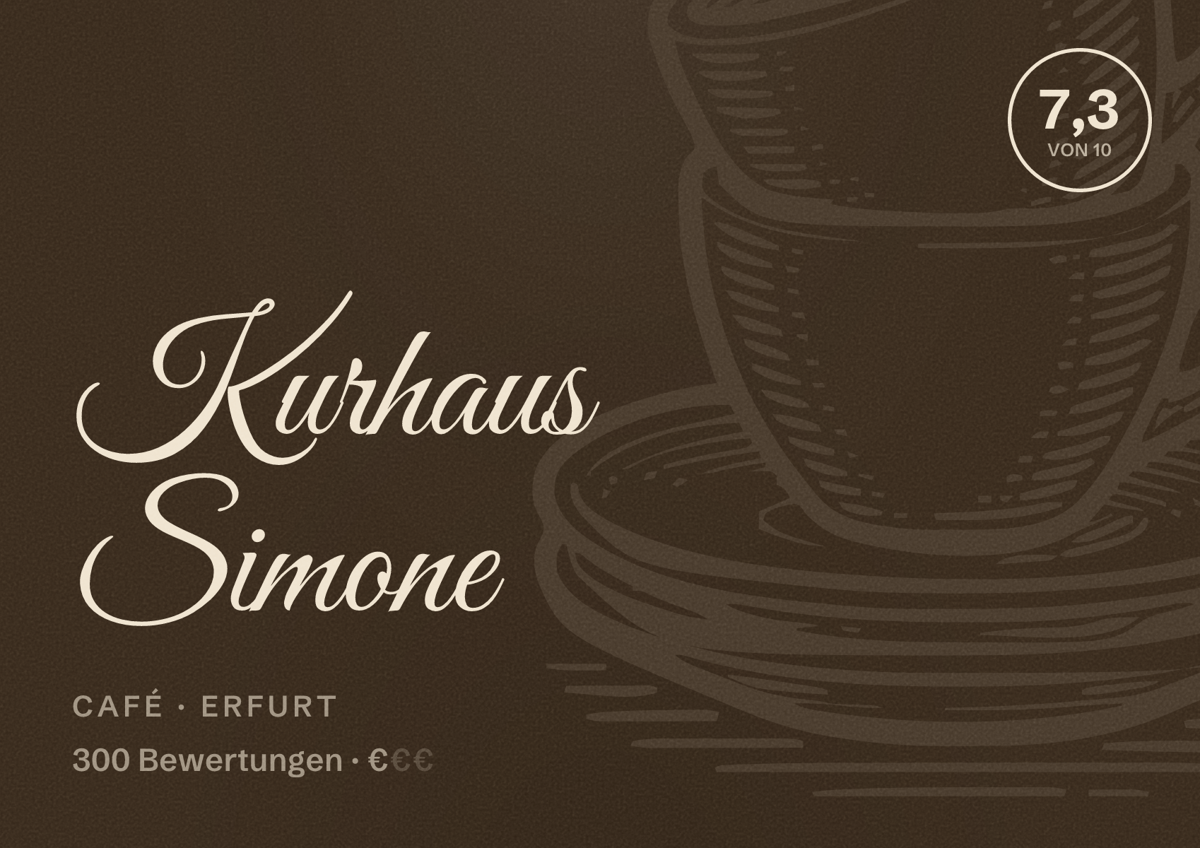 Illustriertes Poster von Kurhaus Simone, Café in Erfurt: Bewertung 7,3 von 10 aus 300 Bewertungen, Preisniveau €