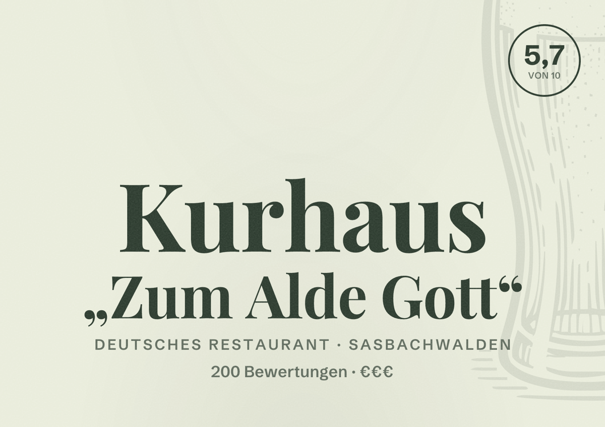 Illustriertes Poster von Kurhaus „Zum Alde Gott“, Deutsches Restaurant in Sasbachwalden: Bewertung 5,7 von 10 aus 200 Bewertungen, Preisniveau €€€