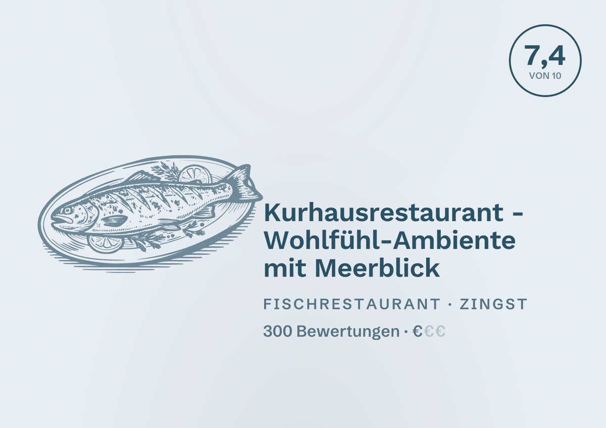 Illustriertes Poster von Kurhausrestaurant - Wohlfühl-Ambiente mit Meerblick, Fischrestaurant in Zingst: Bewertung 7,4 von 10 aus 300 Bewertungen, Preisniveau €