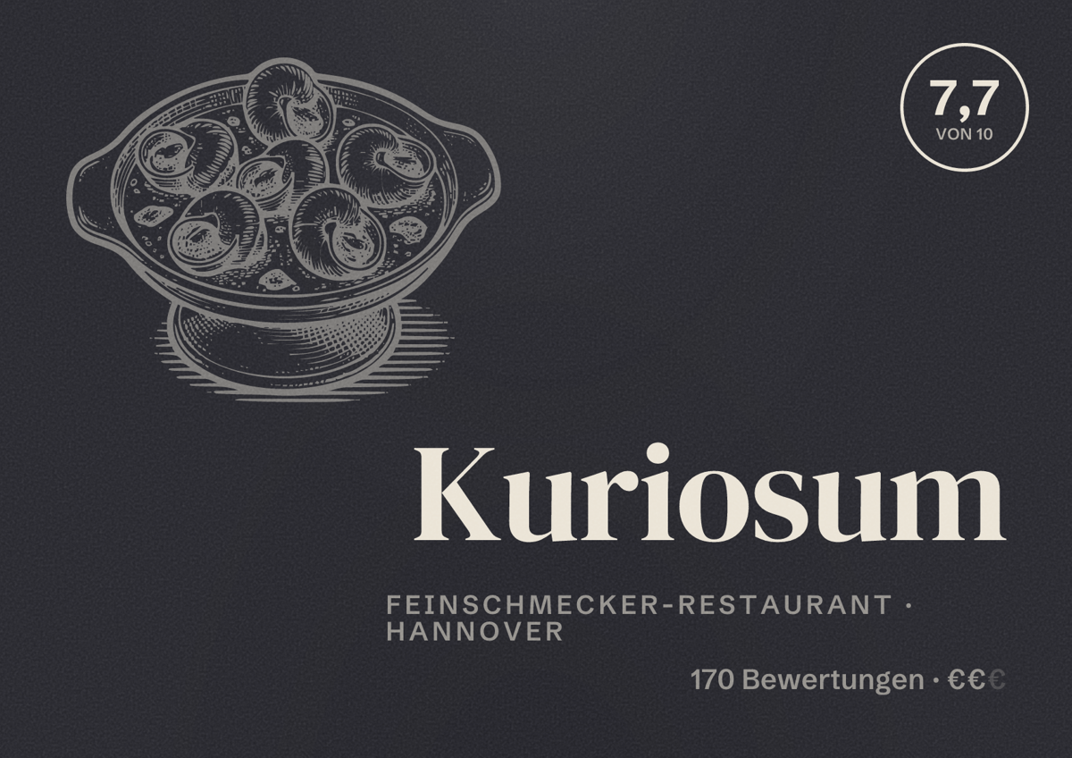 Illustriertes Poster von Kuriosum, Feinschmecker-Restaurant in Hannover: Bewertung 7,7 von 10 aus 170 Bewertungen, Preisniveau €€