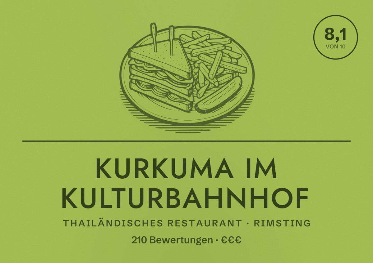 Illustriertes Poster von Kurkuma im Kulturbahnhof, Thailändisches Restaurant in Rimsting: Bewertung 8,1 von 10 aus 210 Bewertungen, Preisniveau €€€