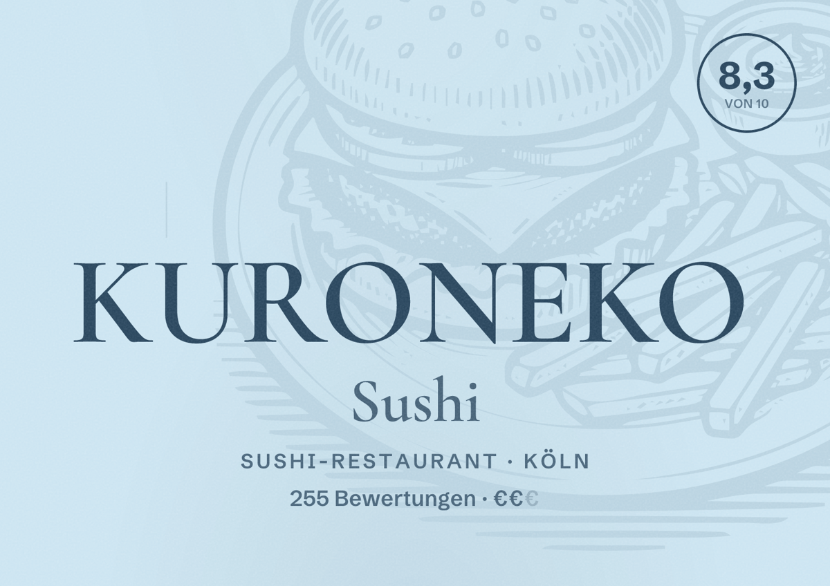 Illustriertes Poster von KURONEKO Sushi, Sushi-Restaurant in Köln: Bewertung 8,3 von 10 aus 255 Bewertungen, Preisniveau €€