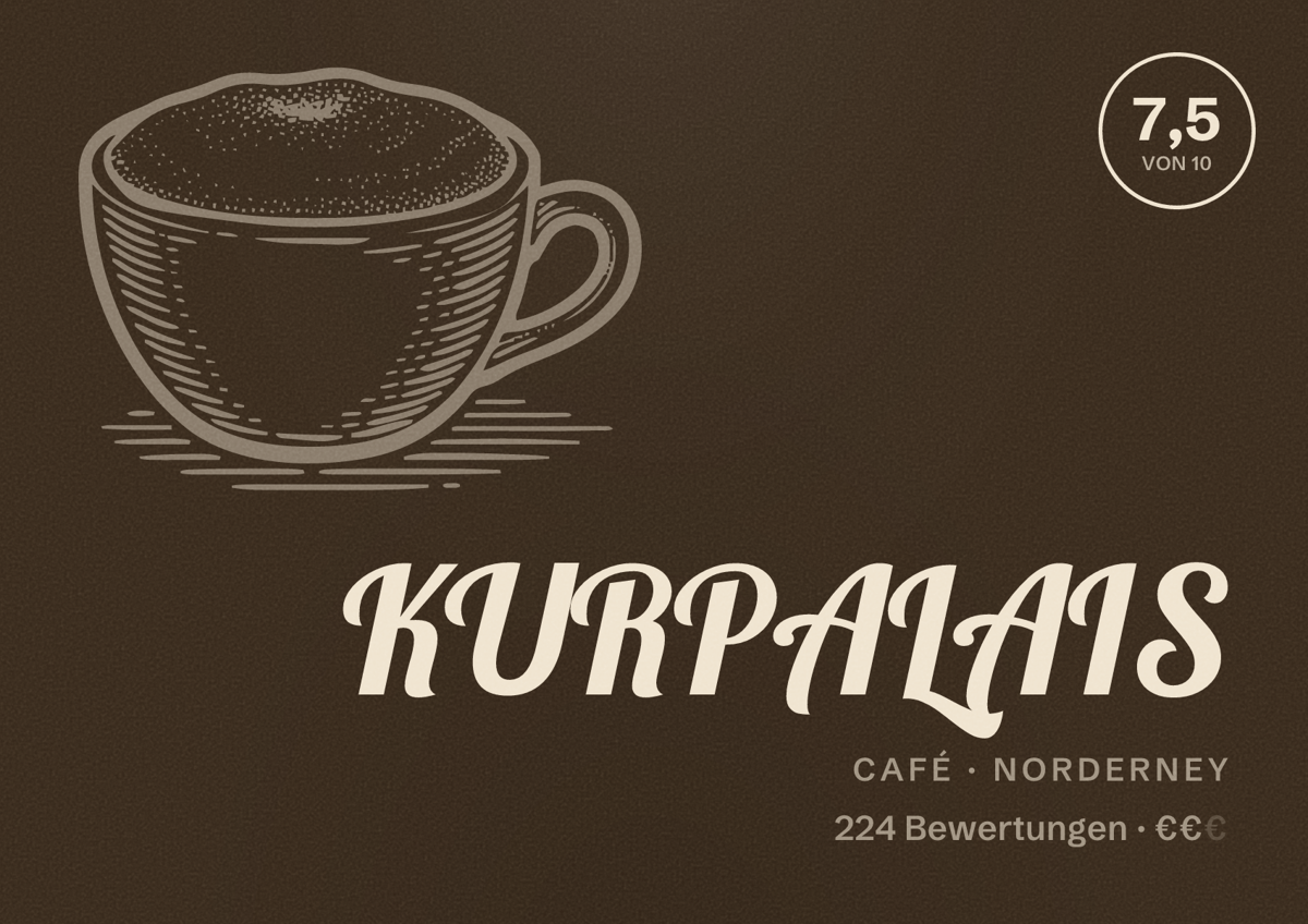 Illustriertes Poster von KURPALAIS, Café in Norderney: Bewertung 7,5 von 10 aus 224 Bewertungen, Preisniveau €€