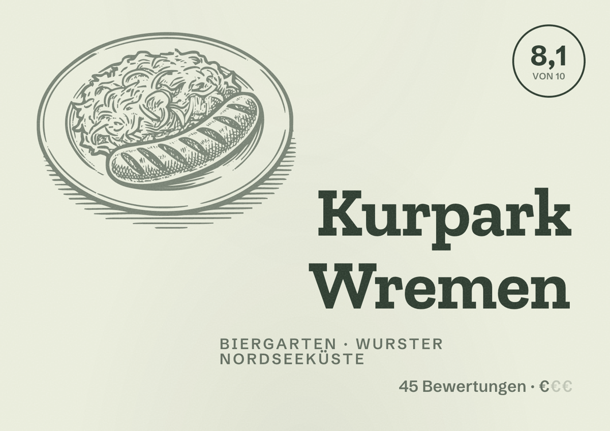 Illustriertes Poster von Kurpark Wremen, Biergarten in Wurster Nordseeküste: Bewertung 8,1 von 10 aus 45 Bewertungen, Preisniveau €