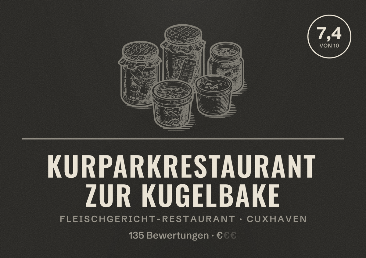 Illustriertes Poster von Kurparkrestaurant Zur Kugelbake, Fleischgericht-Restaurant in Cuxhaven: Bewertung 7,4 von 10 aus 135 Bewertungen, Preisniveau €