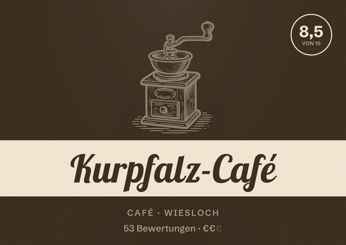 Illustriertes Poster von Kurpfalz-Café, Café in Wiesloch: Bewertung 8,5 von 10 aus 53 Bewertungen, Preisniveau €€